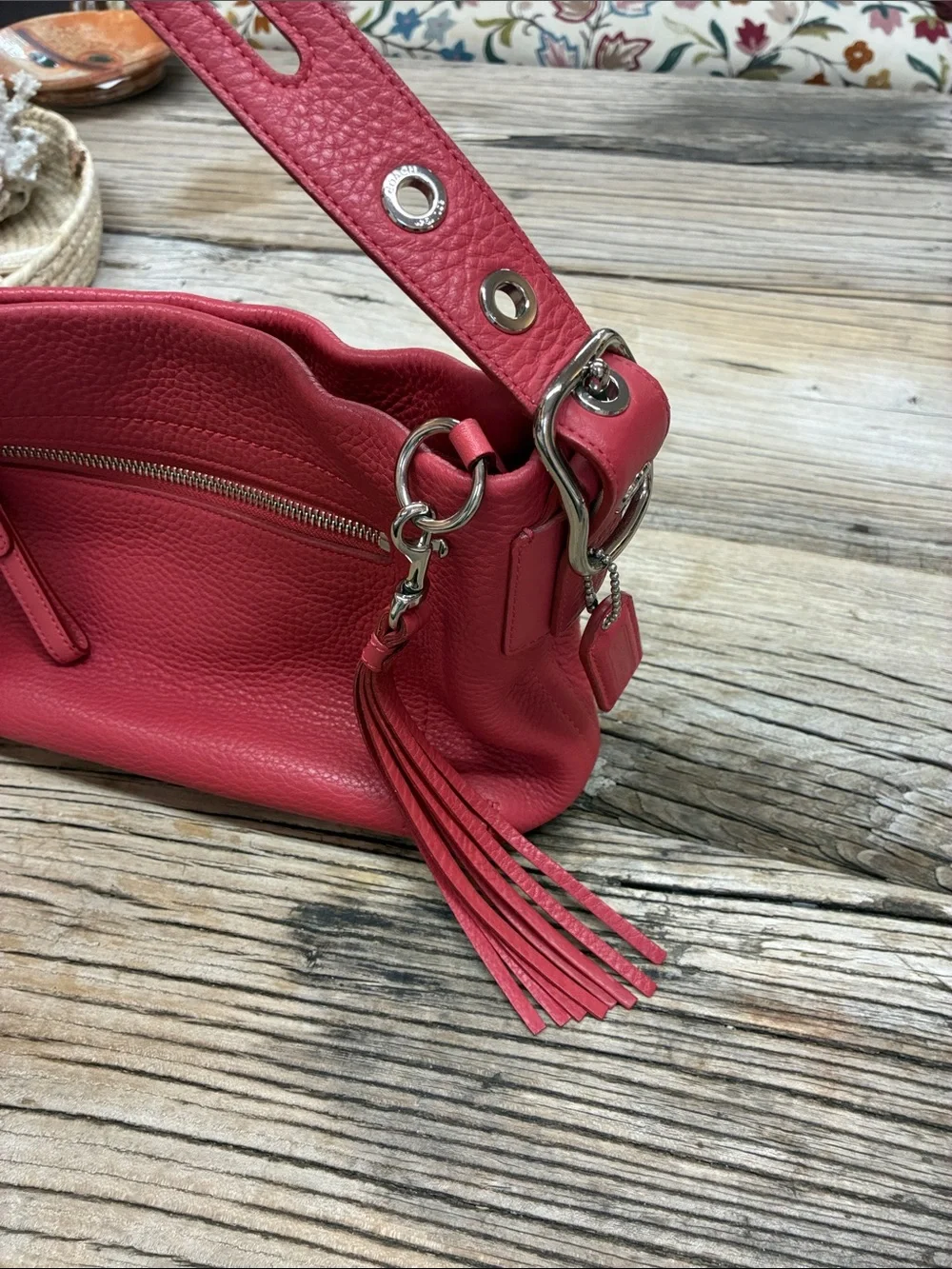 Authentic Coach East West Duffle Shoulder Bag Pink Pebbled Leather